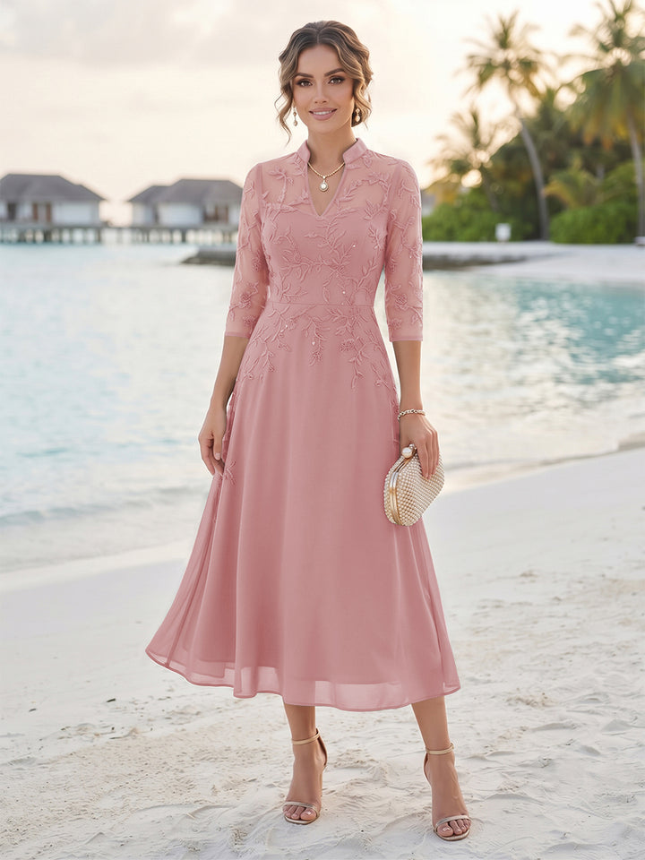 A-Line/Princess 3/4 Sleeves V-Neck Tea-Length Mother Of The Bride Dresses With Sequins &amp; Beading