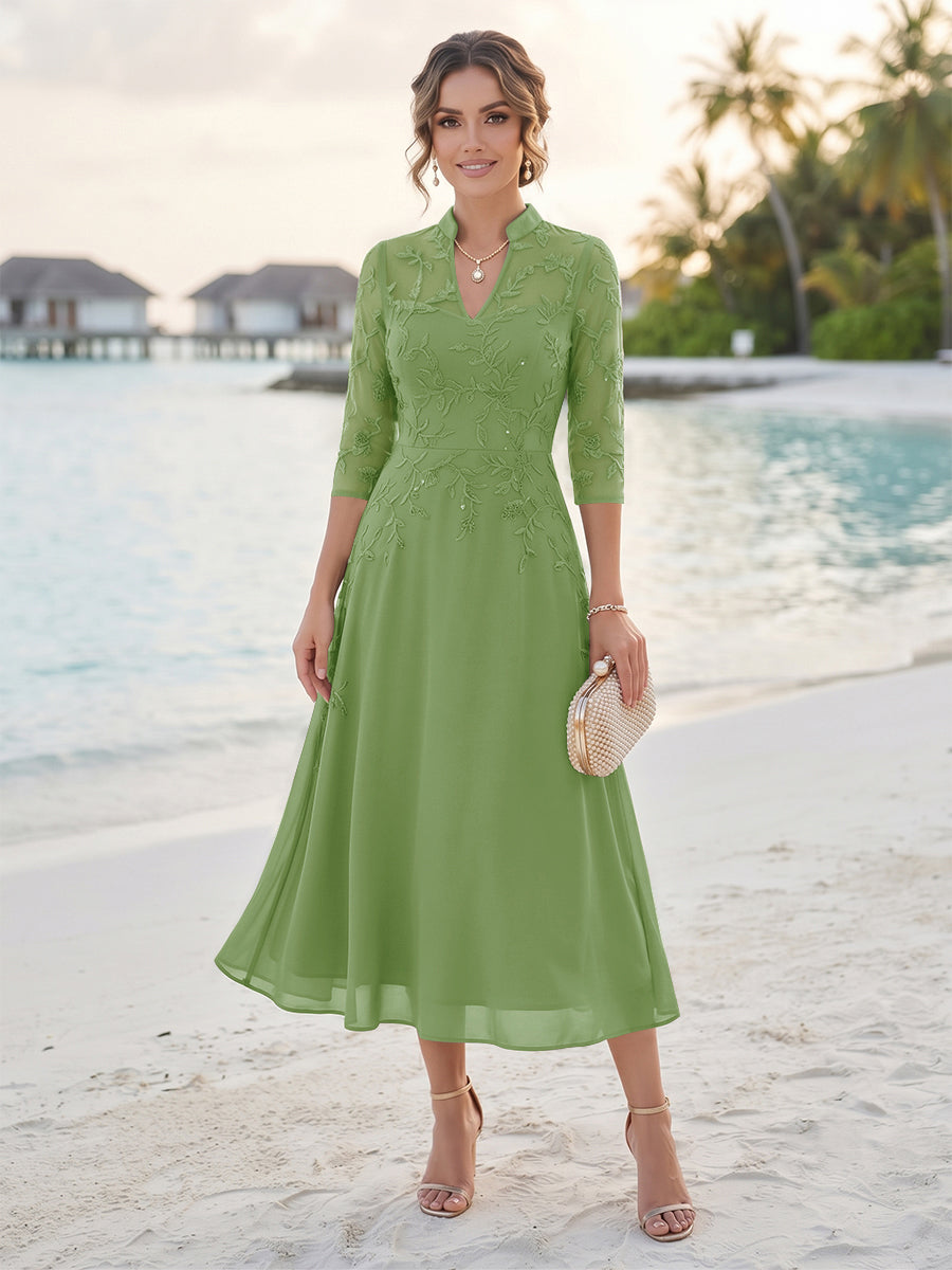 A-Line/Princess 3/4 Sleeves V-Neck Tea-Length Mother Of The Bride Dresses With Sequins &amp; Beading