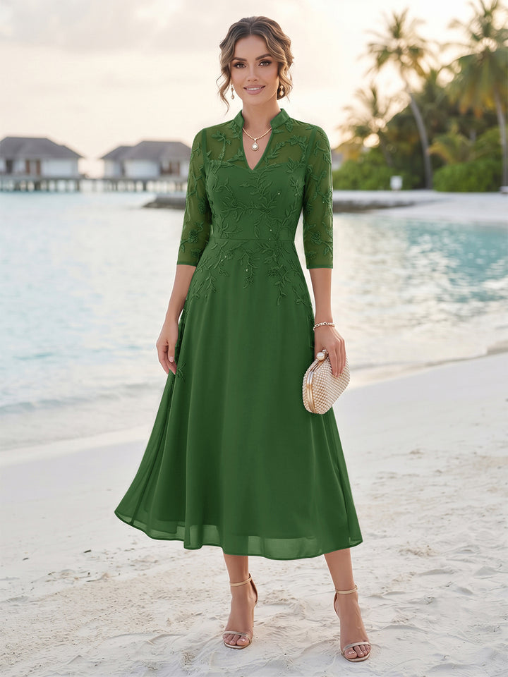 A-Line/Princess 3/4 Sleeves V-Neck Tea-Length Mother Of The Bride Dresses With Sequins &amp; Beading