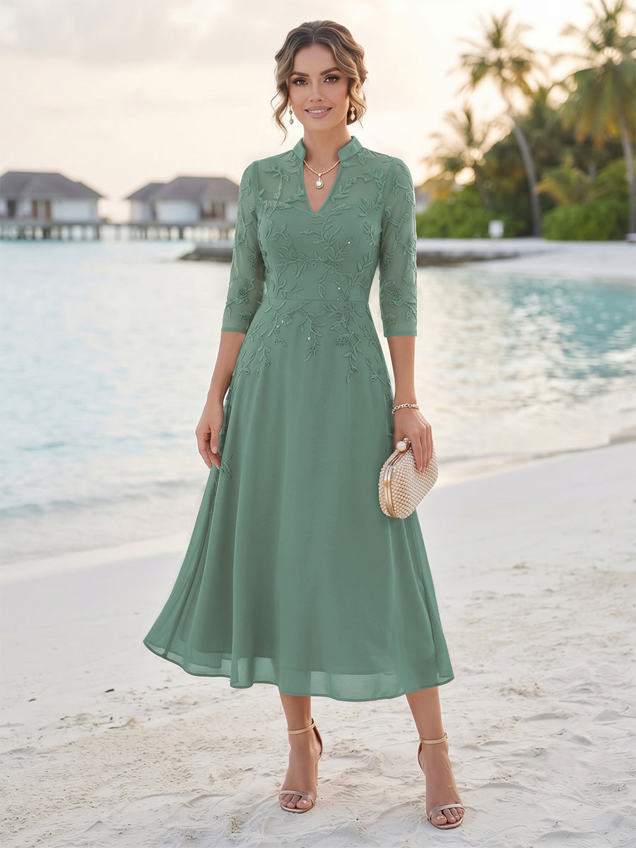 A-Line/Princess 3/4 Sleeves V-Neck Tea-Length Mother Of The Bride Dresses With Sequins &amp; Beading