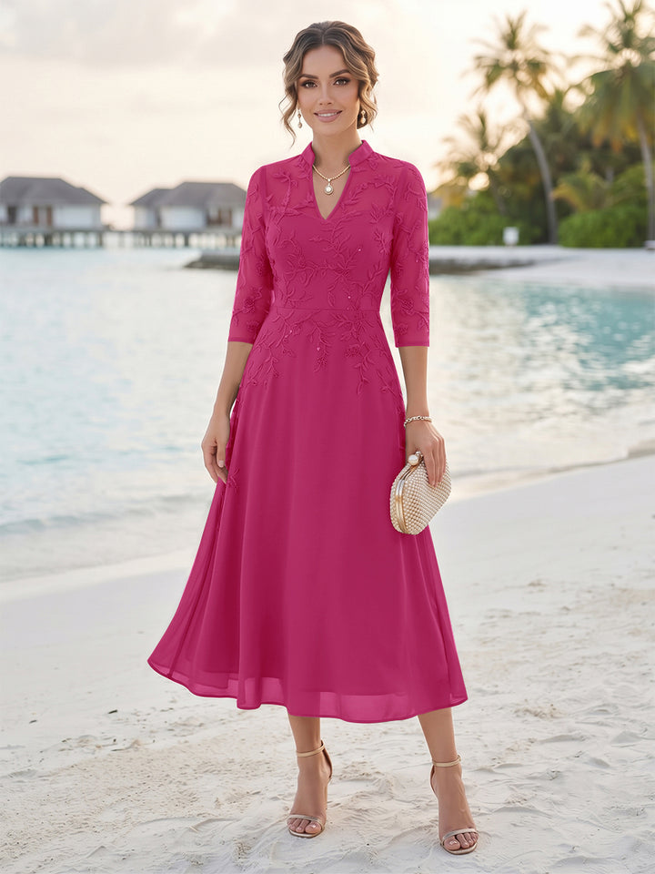 A-Line/Princess 3/4 Sleeves V-Neck Tea-Length Mother Of The Bride Dresses With Sequins &amp; Beading