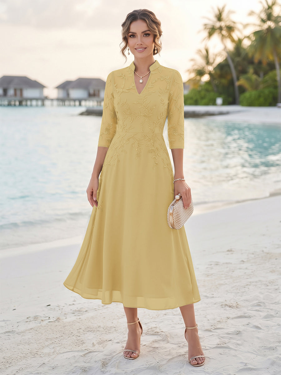 A-Line/Princess 3/4 Sleeves V-Neck Tea-Length Mother Of The Bride Dresses With Sequins &amp; Beading