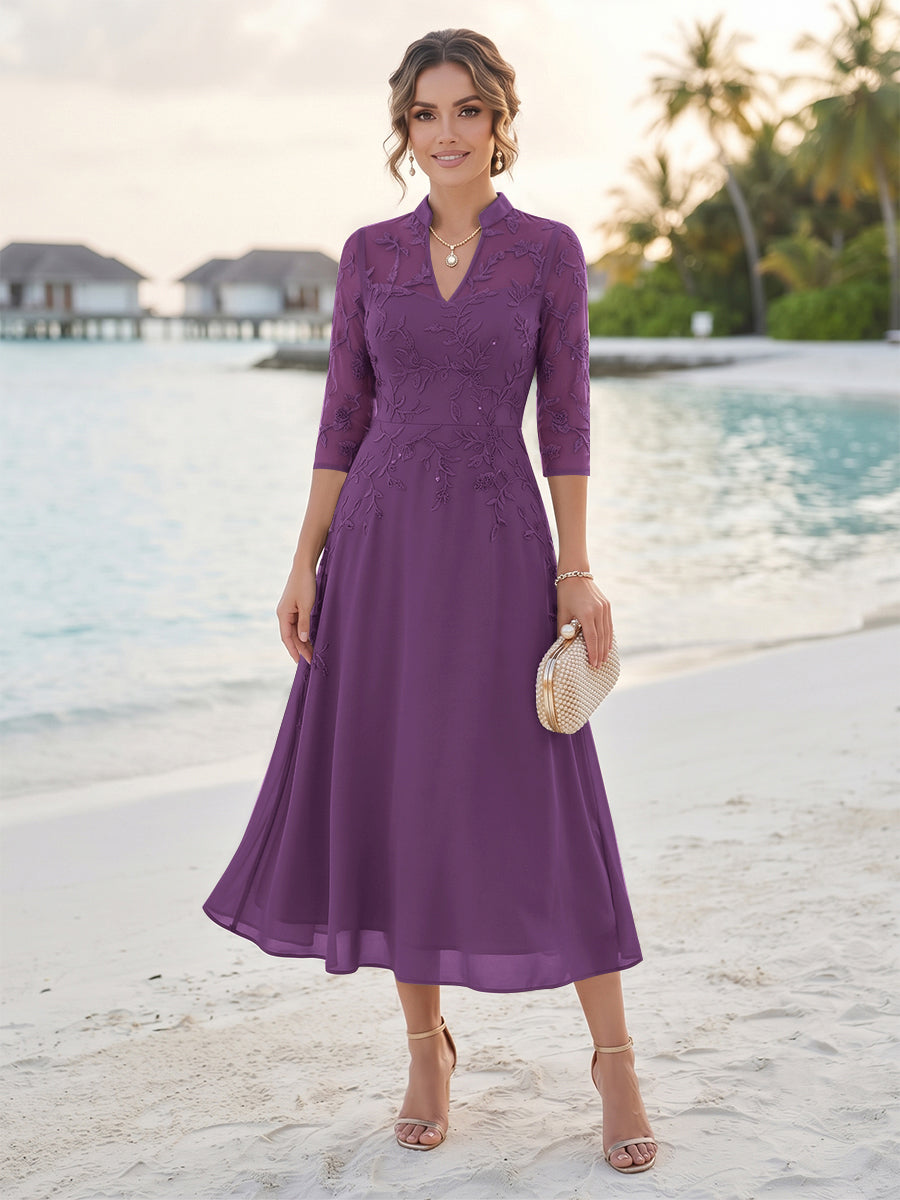 A-Line/Princess 3/4 Sleeves V-Neck Tea-Length Mother Of The Bride Dresses With Sequins &amp; Beading