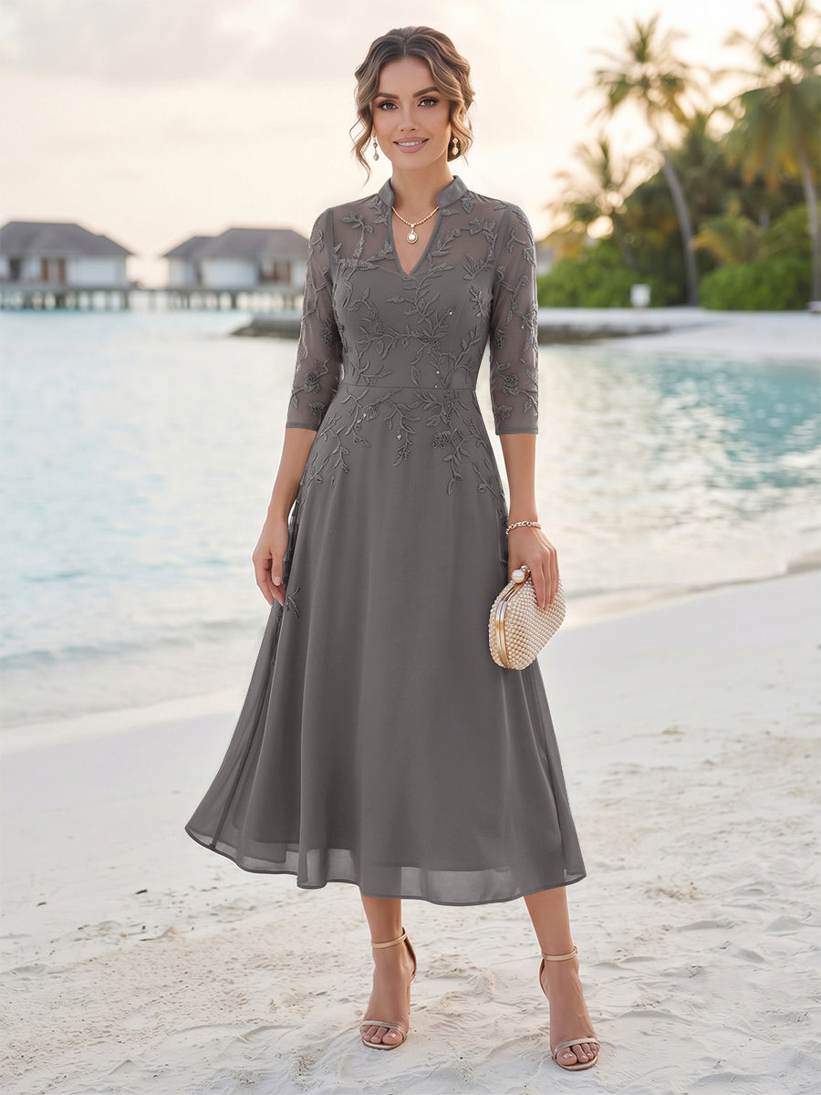 A-Line/Princess 3/4 Sleeves V-Neck Tea-Length Mother Of The Bride Dresses With Sequins &amp; Beading