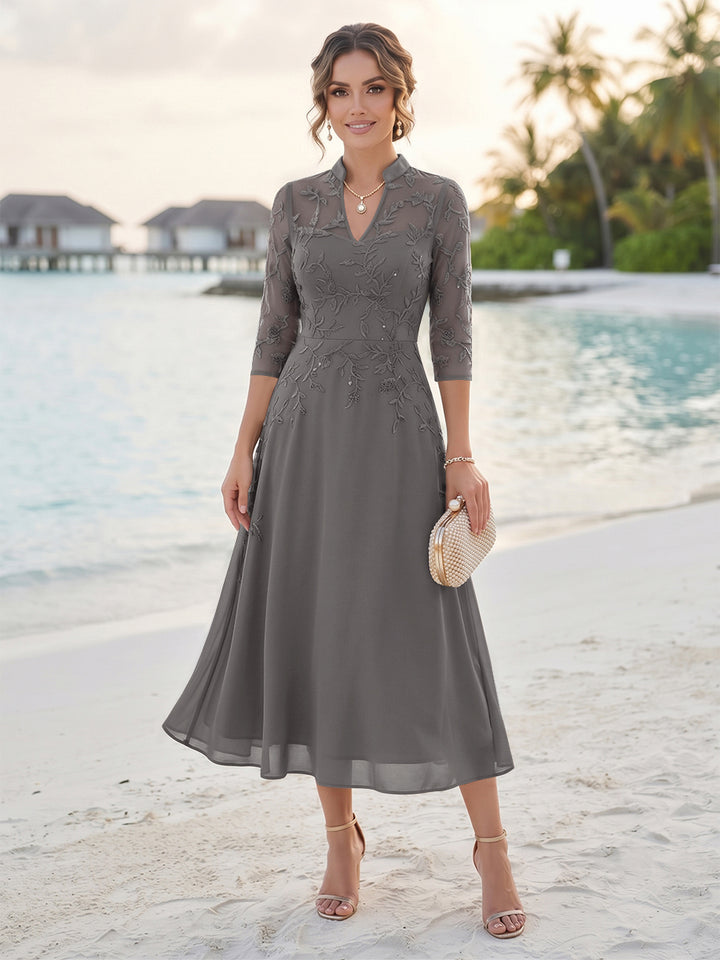 A-Line/Princess 3/4 Sleeves V-Neck Tea-Length Mother Of The Bride Dresses With Sequins &amp; Beading