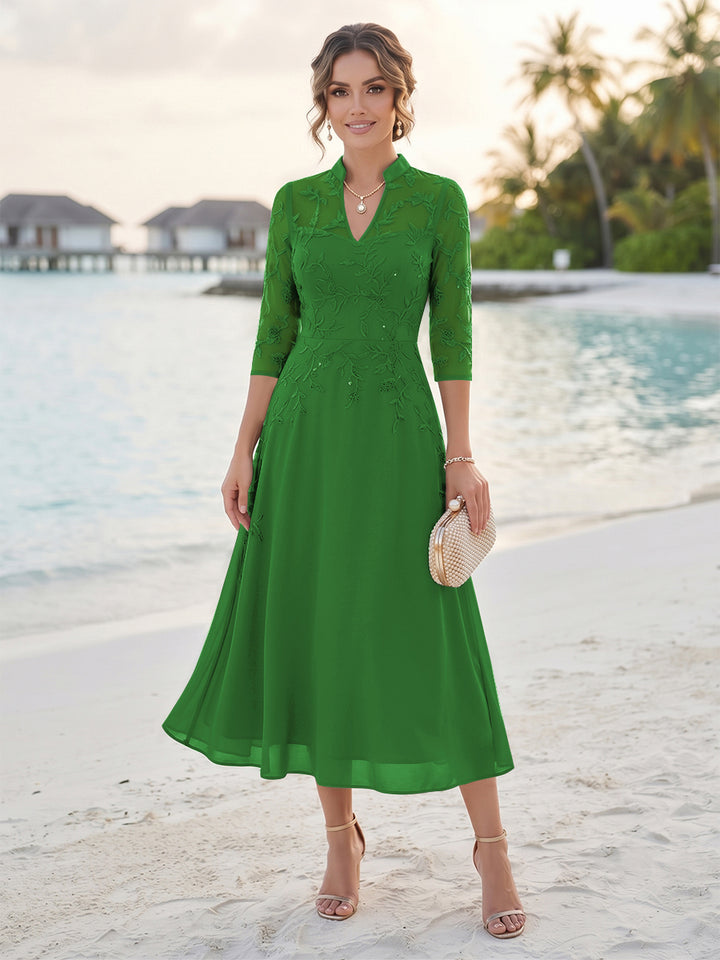 A-Line/Princess 3/4 Sleeves V-Neck Tea-Length Mother Of The Bride Dresses With Sequins &amp; Beading