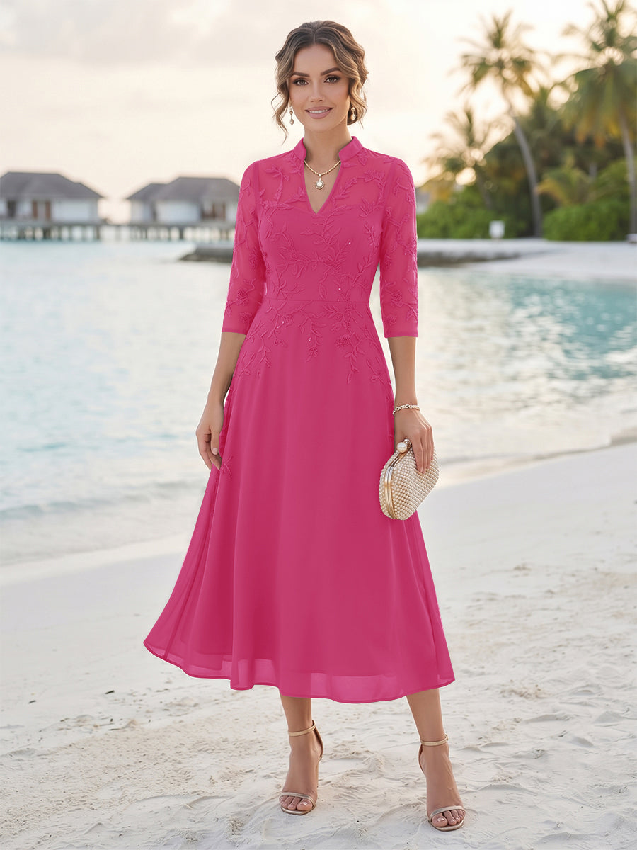 A-Line/Princess 3/4 Sleeves V-Neck Tea-Length Mother Of The Bride Dresses With Sequins &amp; Beading