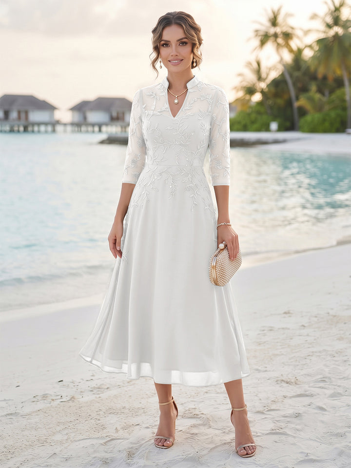 A-Line/Princess 3/4 Sleeves V-Neck Tea-Length Mother Of The Bride Dresses With Sequins &amp; Beading