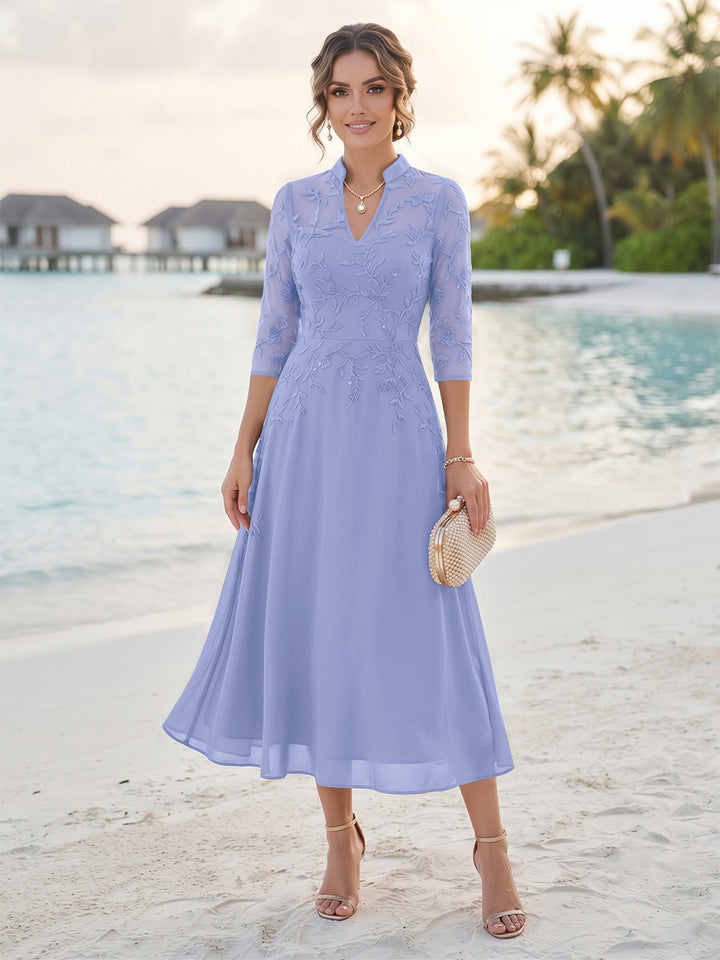 A-Line/Princess 3/4 Sleeves V-Neck Tea-Length Mother Of The Bride Dresses With Sequins &amp; Beading