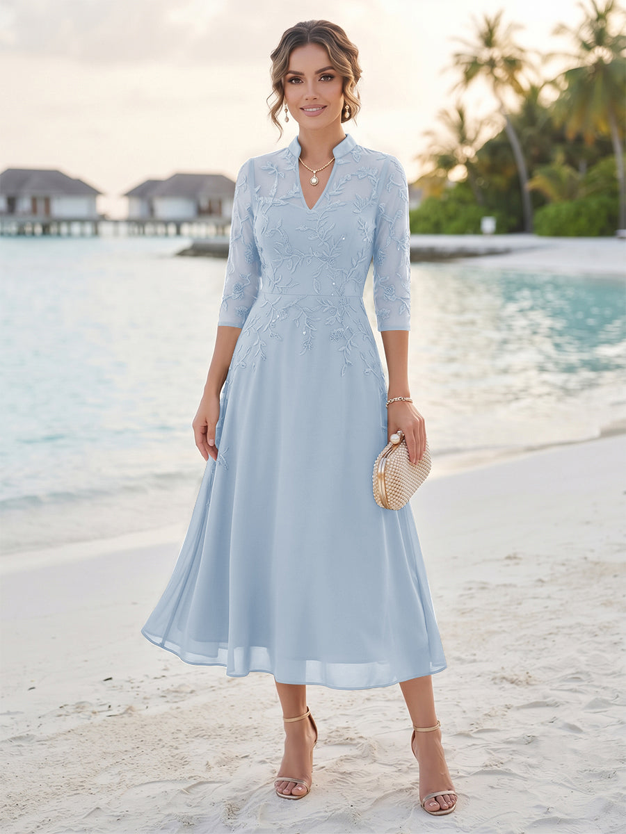 A-Line/Princess 3/4 Sleeves V-Neck Tea-Length Mother Of The Bride Dresses With Sequins &amp; Beading