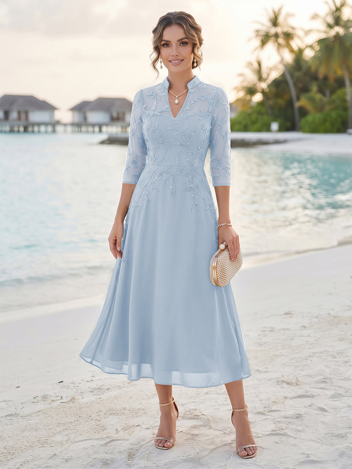 A-Line/Princess 3/4 Sleeves V-Neck Tea-Length Mother Of The Bride Dresses With Sequins &amp; Beading