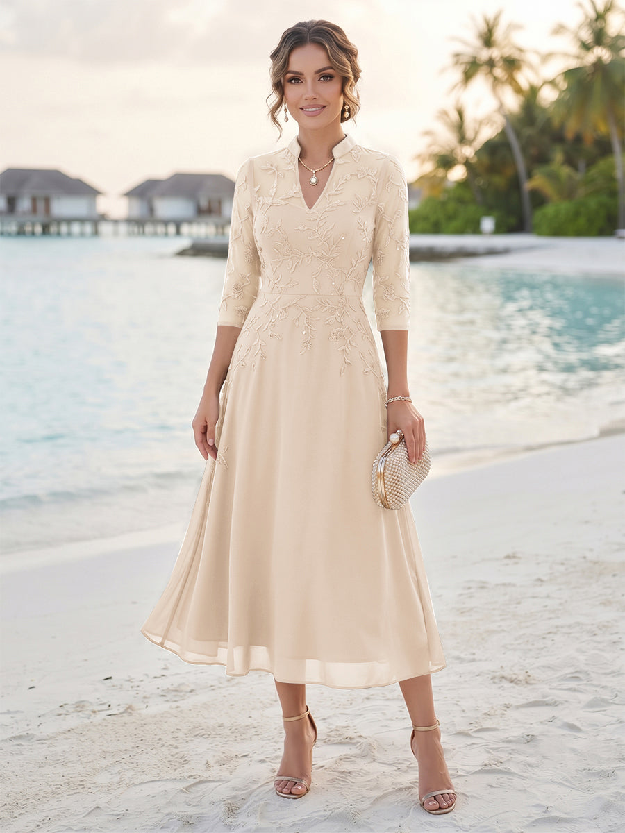 A-Line/Princess 3/4 Sleeves V-Neck Tea-Length Mother Of The Bride Dresses With Sequins &amp; Beading