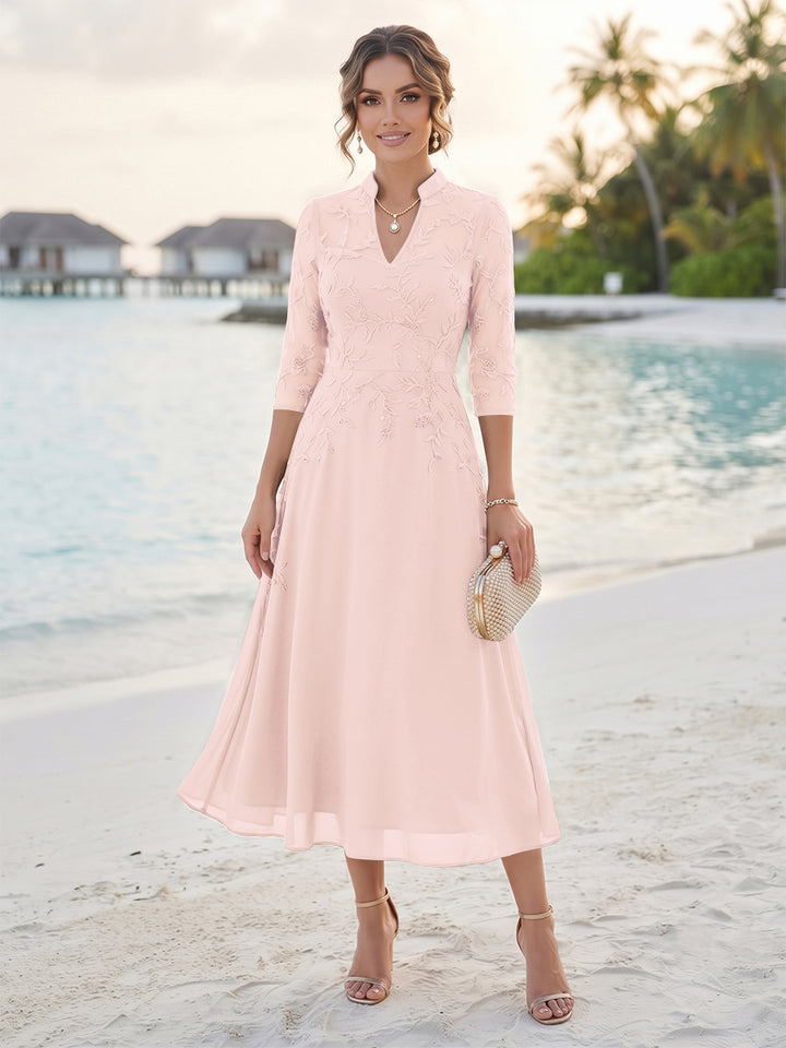 A-Line/Princess 3/4 Sleeves V-Neck Tea-Length Mother Of The Bride Dresses With Sequins &amp; Beading