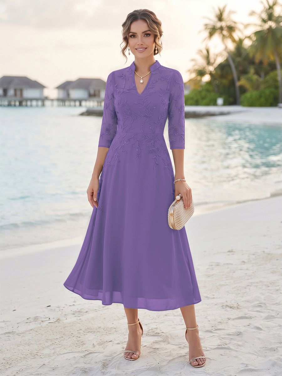 A-Line/Princess 3/4 Sleeves V-Neck Tea-Length Mother Of The Bride Dresses With Sequins &amp; Beading