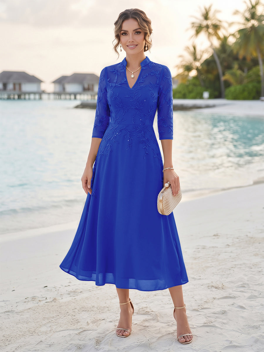 A-Line/Princess 3/4 Sleeves V-Neck Tea-Length Mother Of The Bride Dresses With Sequins &amp; Beading