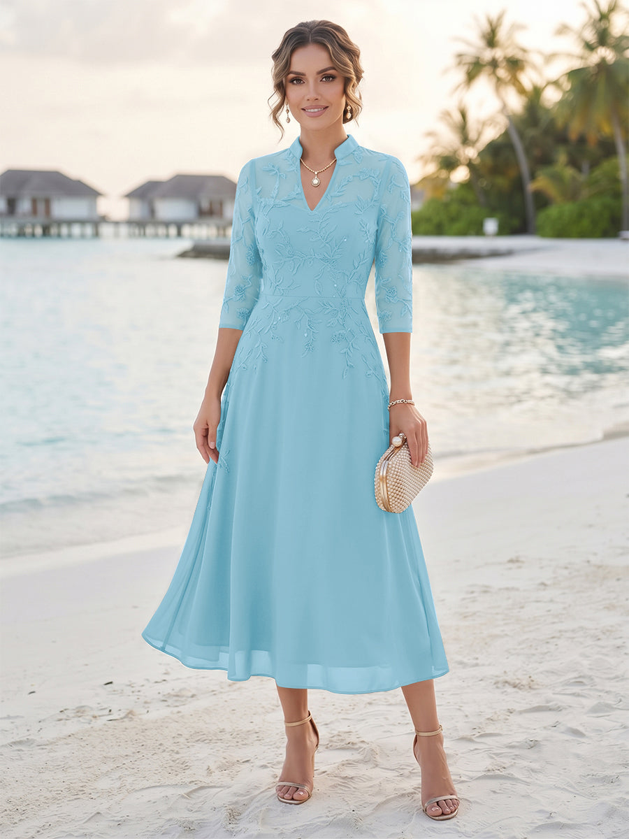 A-Line/Princess 3/4 Sleeves V-Neck Tea-Length Mother Of The Bride Dresses With Sequins &amp; Beading