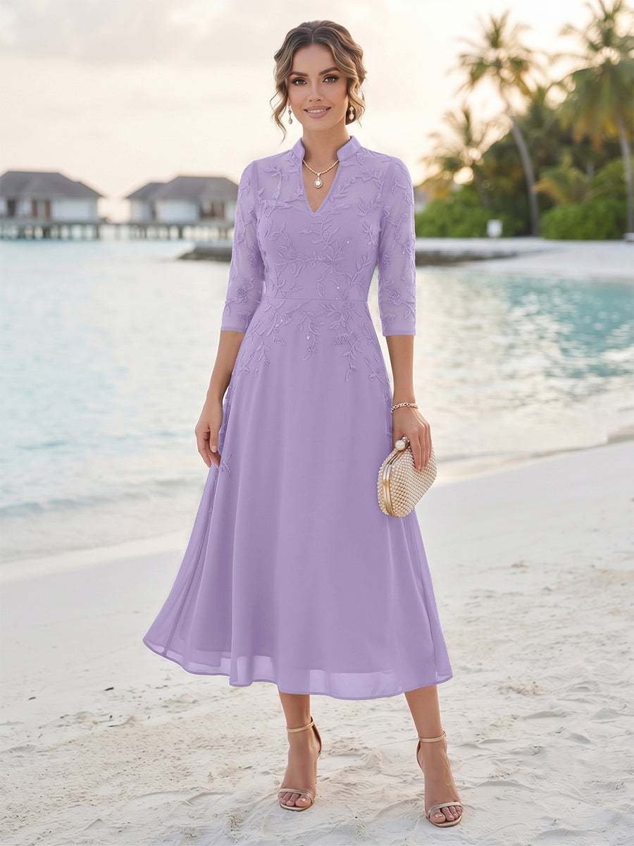 A-Line/Princess 3/4 Sleeves V-Neck Tea-Length Mother Of The Bride Dresses With Sequins &amp; Beading