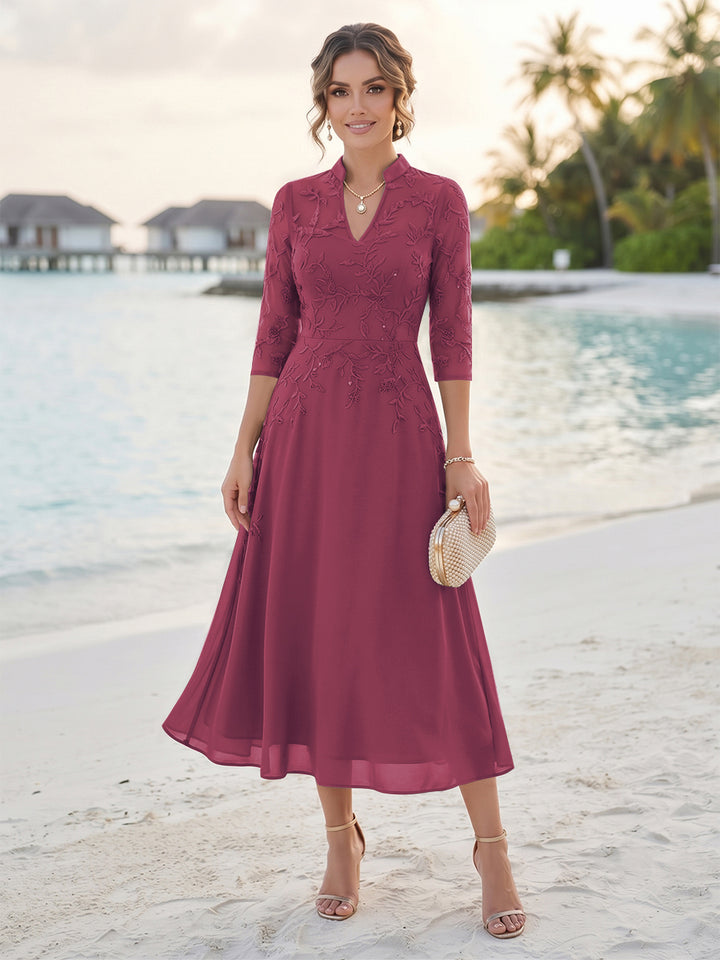 A-Line/Princess 3/4 Sleeves V-Neck Tea-Length Mother Of The Bride Dresses With Sequins &amp; Beading