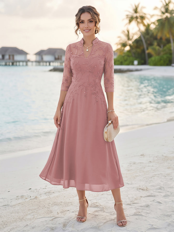 A-Line/Princess 3/4 Sleeves V-Neck Tea-Length Mother Of The Bride Dresses With Sequins &amp; Beading