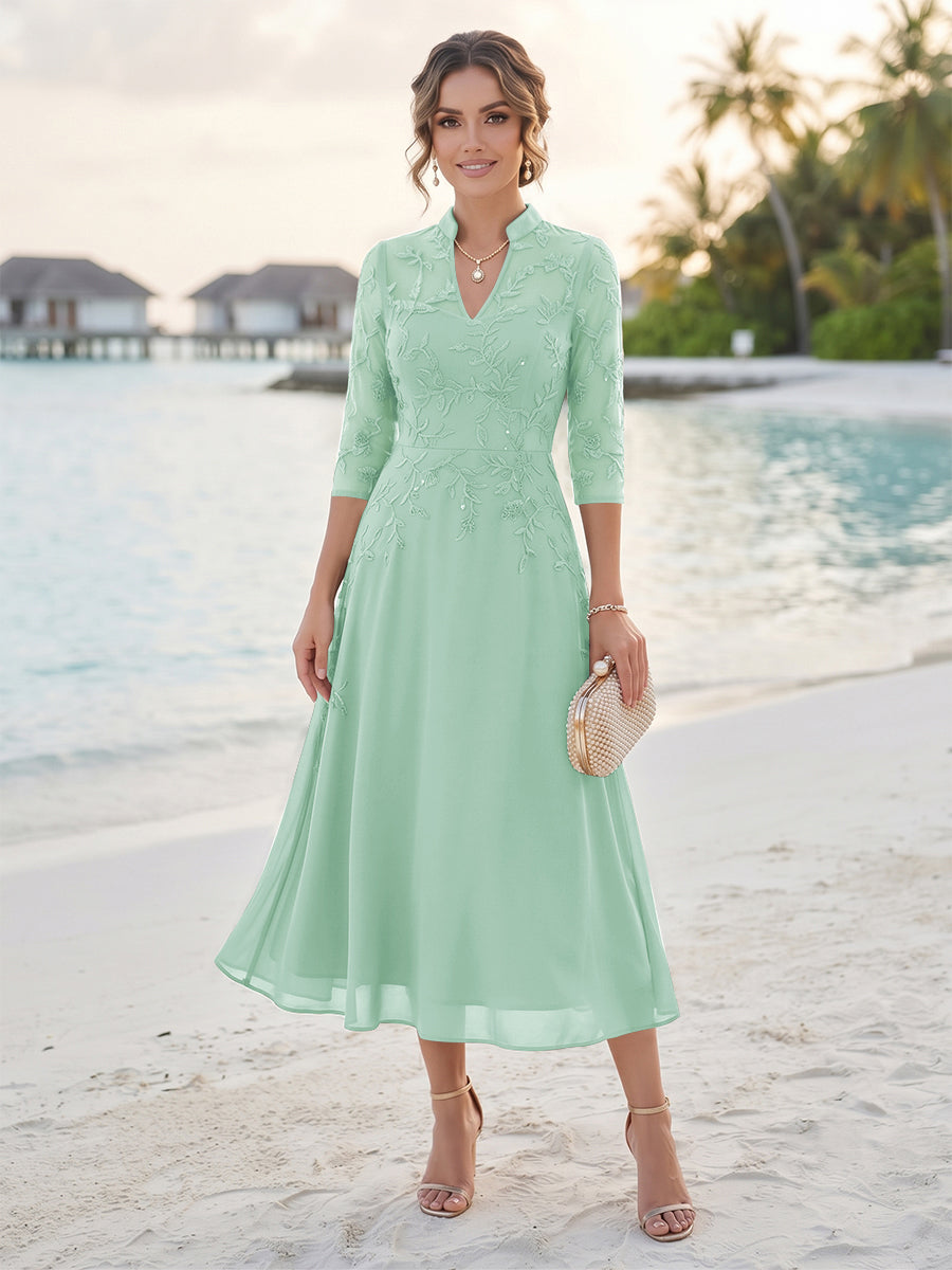A-Line/Princess 3/4 Sleeves V-Neck Tea-Length Mother Of The Bride Dresses With Sequins &amp; Beading