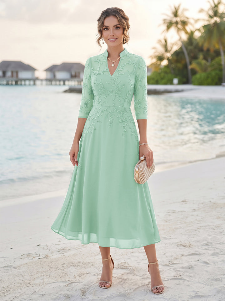 A-Line/Princess 3/4 Sleeves V-Neck Tea-Length Mother Of The Bride Dresses With Sequins &amp; Beading
