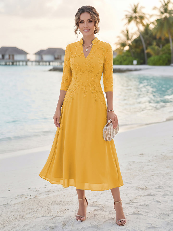 A-Line/Princess 3/4 Sleeves V-Neck Tea-Length Mother Of The Bride Dresses With Sequins &amp; Beading