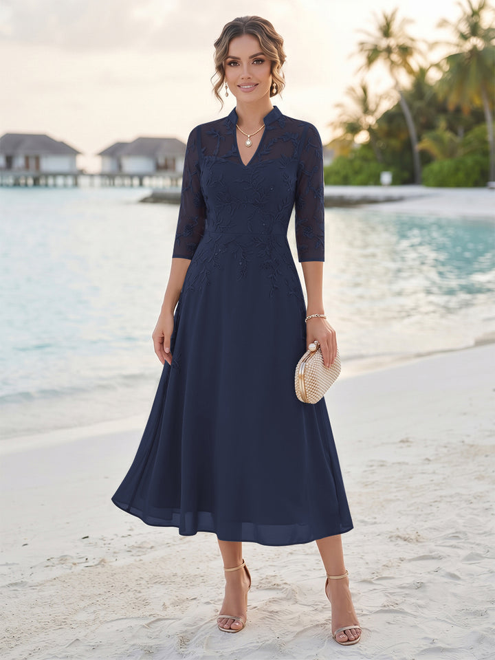 A-Line/Princess 3/4 Sleeves V-Neck Tea-Length Mother Of The Bride Dresses With Sequins &amp; Beading