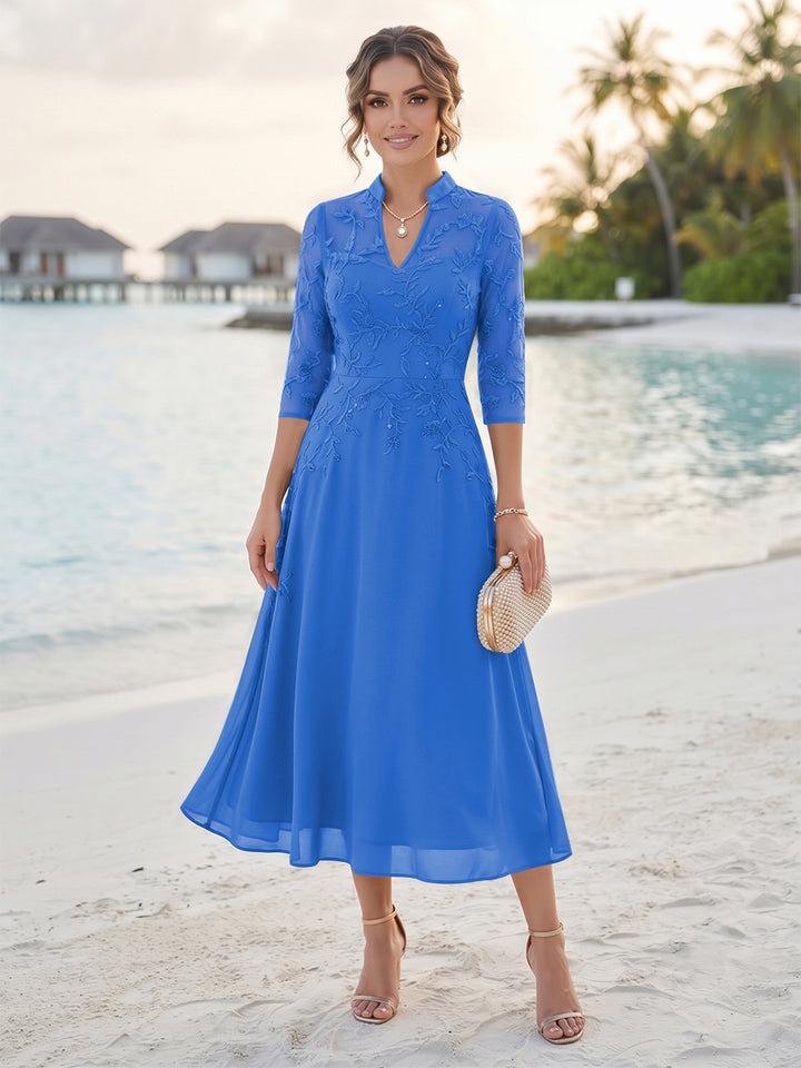 A-Line/Princess 3/4 Sleeves V-Neck Tea-Length Mother Of The Bride Dresses With Sequins &amp; Beading