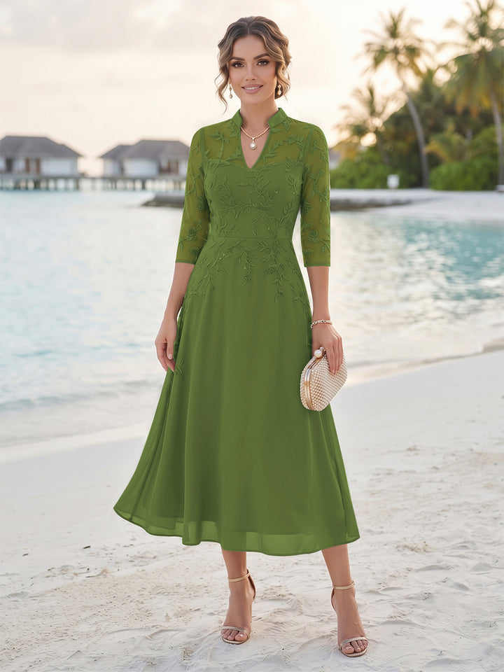 A-Line/Princess 3/4 Sleeves V-Neck Tea-Length Mother Of The Bride Dresses With Sequins &amp; Beading