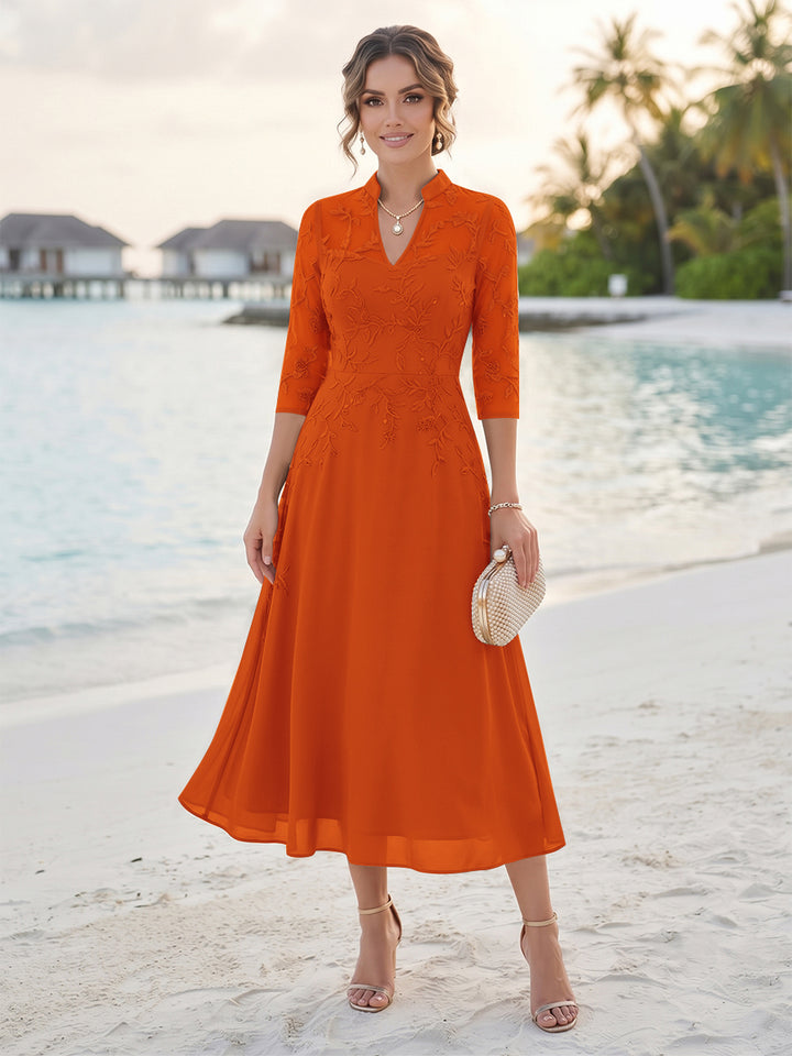 A-Line/Princess 3/4 Sleeves V-Neck Tea-Length Mother Of The Bride Dresses With Sequins &amp; Beading