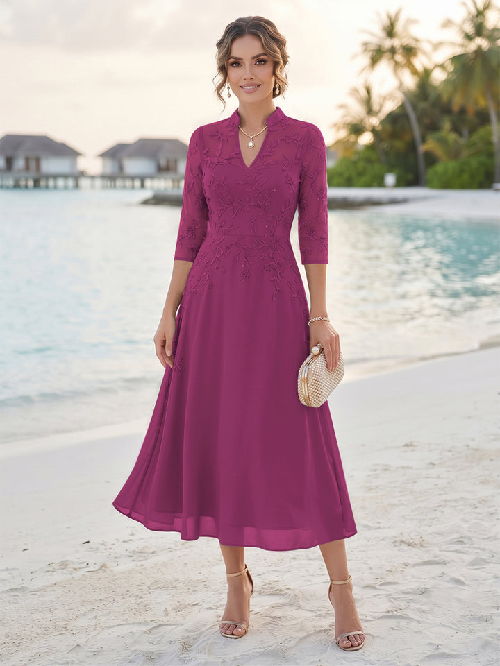 A-Line/Princess 3/4 Sleeves V-Neck Tea-Length Mother Of The Bride Dresses With Sequins &amp; Beading