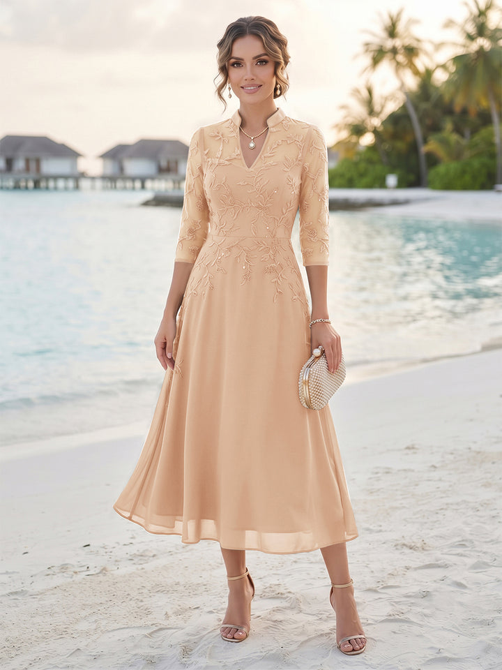 A-Line/Princess 3/4 Sleeves V-Neck Tea-Length Mother Of The Bride Dresses With Sequins &amp; Beading