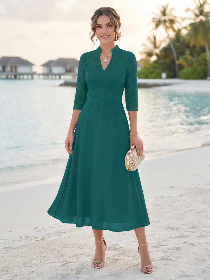 A-Line/Princess 3/4 Sleeves V-Neck Tea-Length Mother Of The Bride Dresses With Sequins &amp; Beading