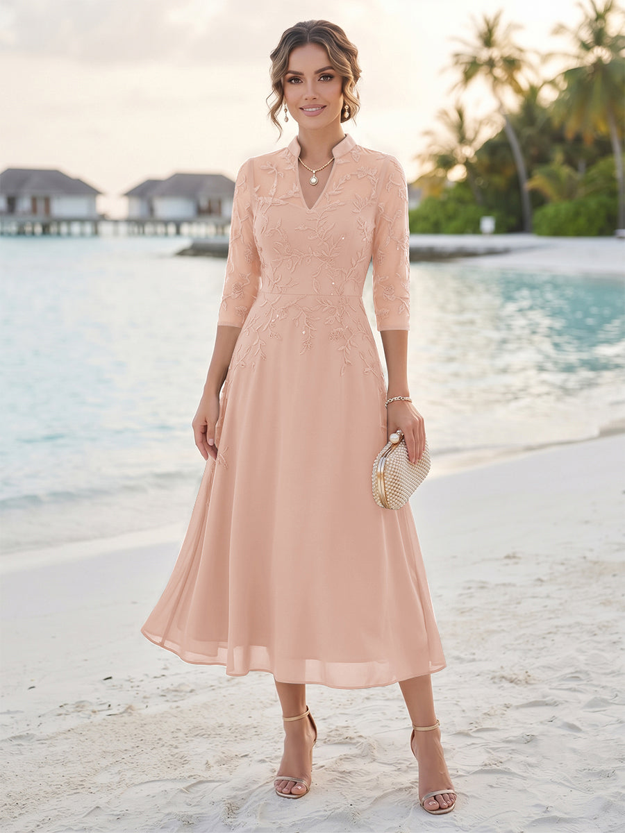 A-Line/Princess 3/4 Sleeves V-Neck Tea-Length Mother Of The Bride Dresses With Sequins &amp; Beading