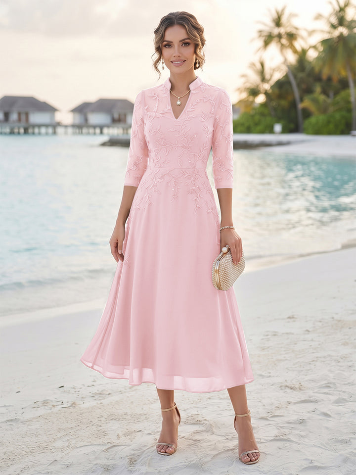 A-Line/Princess 3/4 Sleeves V-Neck Tea-Length Mother Of The Bride Dresses With Sequins &amp; Beading