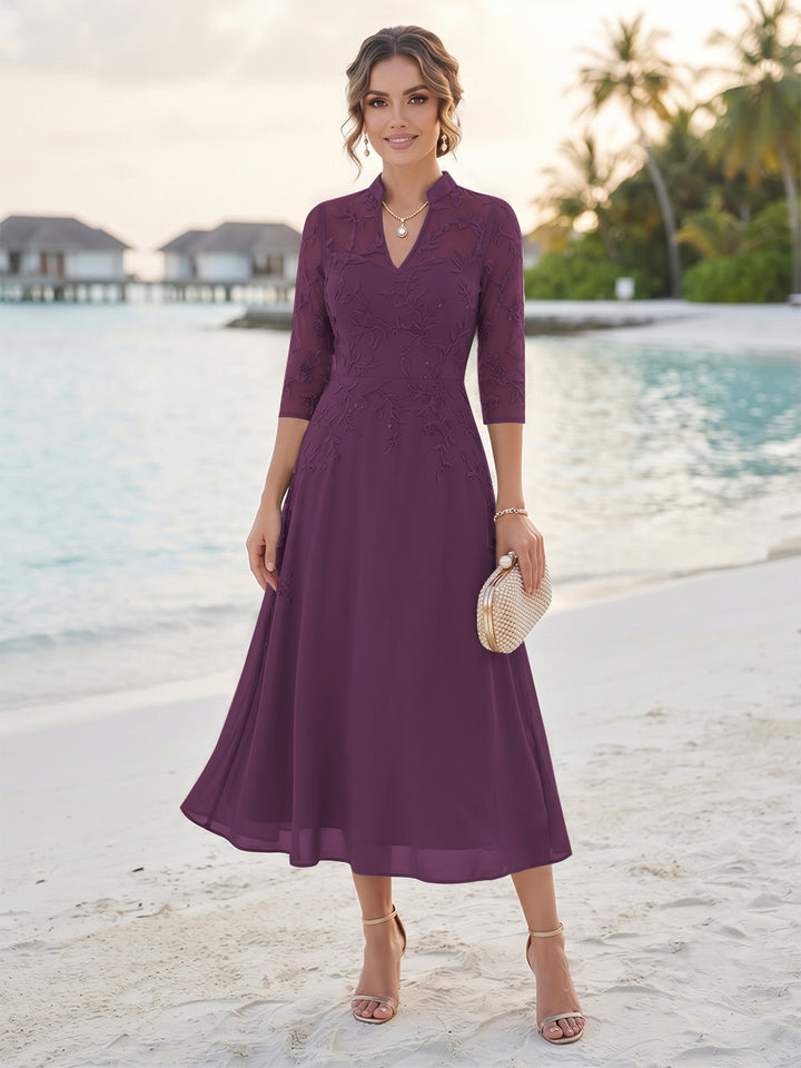 A-Line/Princess 3/4 Sleeves V-Neck Tea-Length Mother Of The Bride Dresses With Sequins &amp; Beading