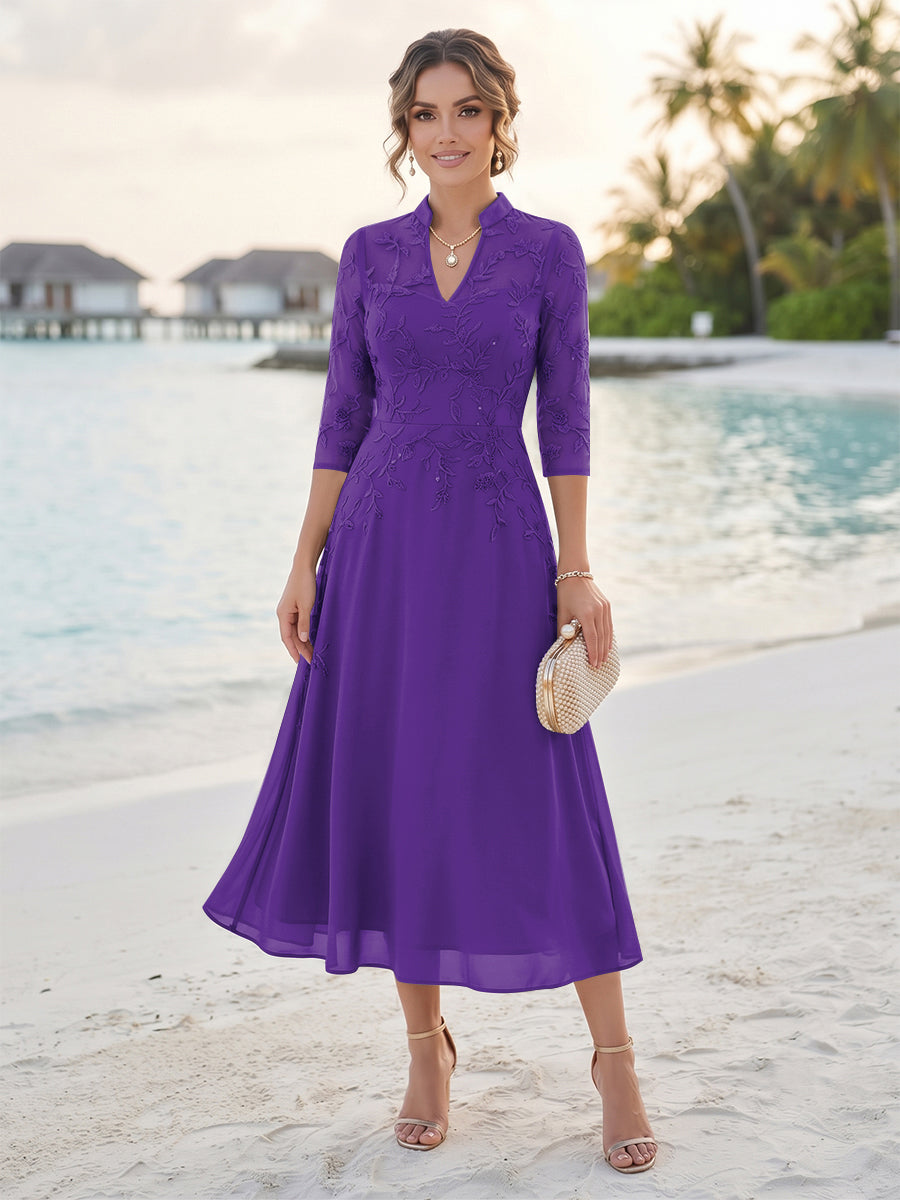 A-Line/Princess 3/4 Sleeves V-Neck Tea-Length Mother Of The Bride Dresses With Sequins &amp; Beading