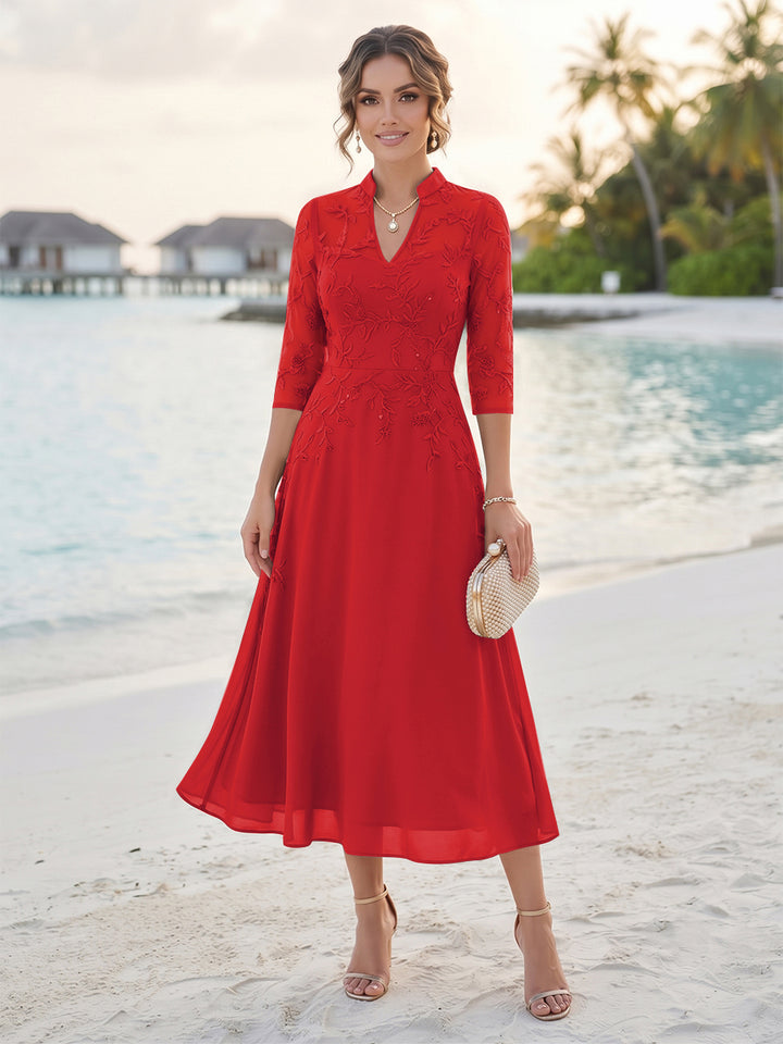 A-Line/Princess 3/4 Sleeves V-Neck Tea-Length Mother Of The Bride Dresses With Sequins &amp; Beading