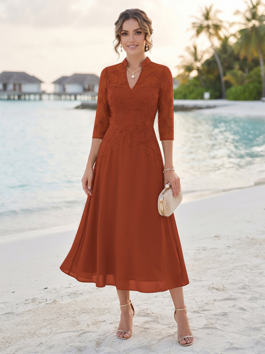 A-Line/Princess 3/4 Sleeves V-Neck Tea-Length Mother Of The Bride Dresses With Sequins &amp; Beading