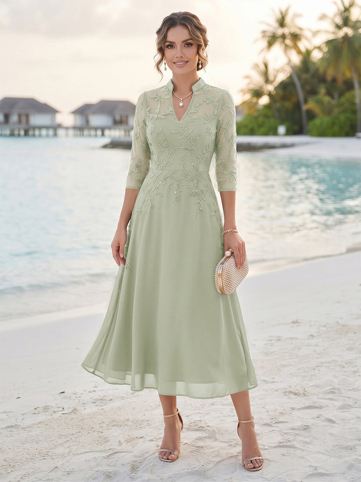A-Line/Princess 3/4 Sleeves V-Neck Tea-Length Mother Of The Bride Dresses With Sequins &amp; Beading