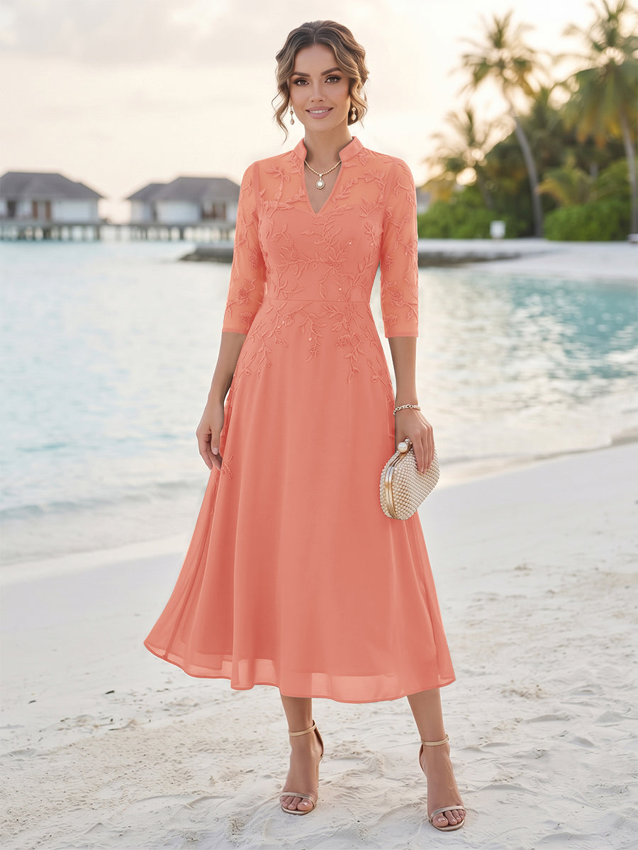 A-Line/Princess 3/4 Sleeves V-Neck Tea-Length Mother Of The Bride Dresses With Sequins &amp; Beading