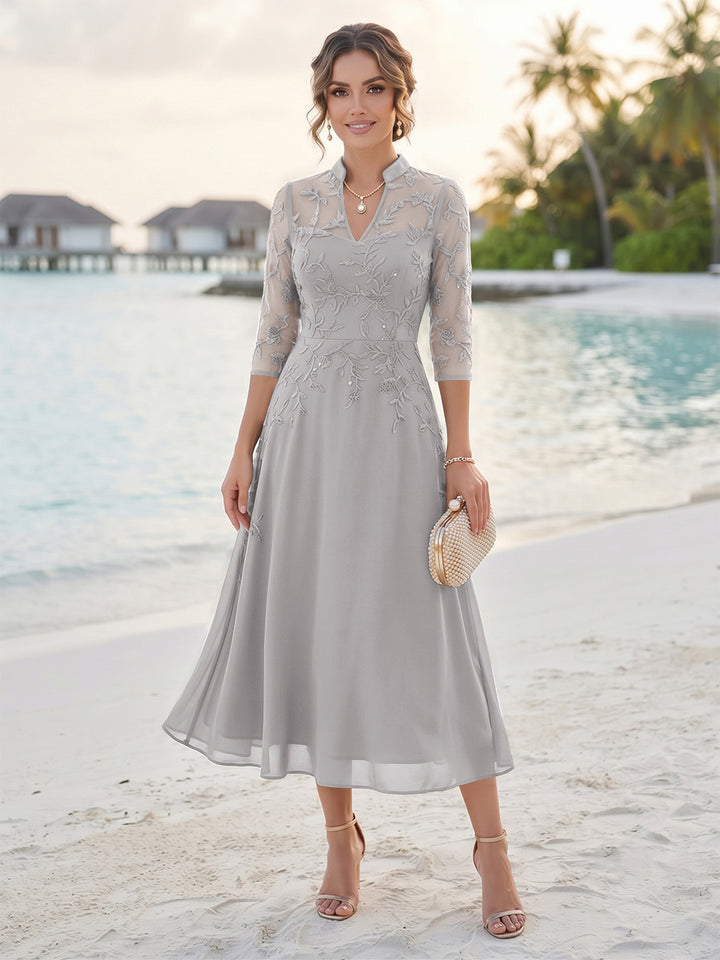 A-Line/Princess 3/4 Sleeves V-Neck Tea-Length Mother Of The Bride Dresses With Sequins &amp; Beading