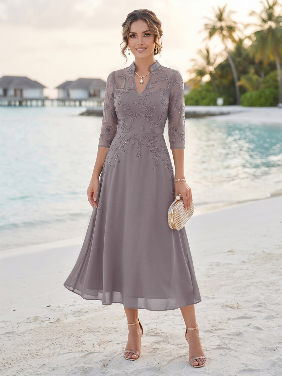 A-Line/Princess 3/4 Sleeves V-Neck Tea-Length Mother Of The Bride