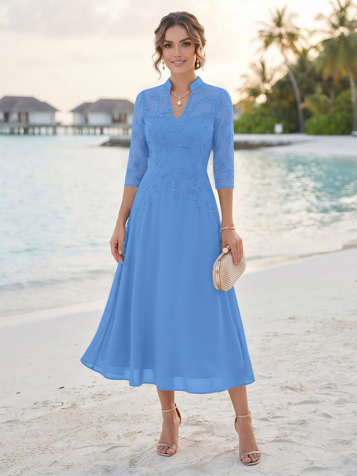 A-Line/Princess 3/4 Sleeves V-Neck Tea-Length Mother Of The Bride Dresses With Sequins &amp; Beading