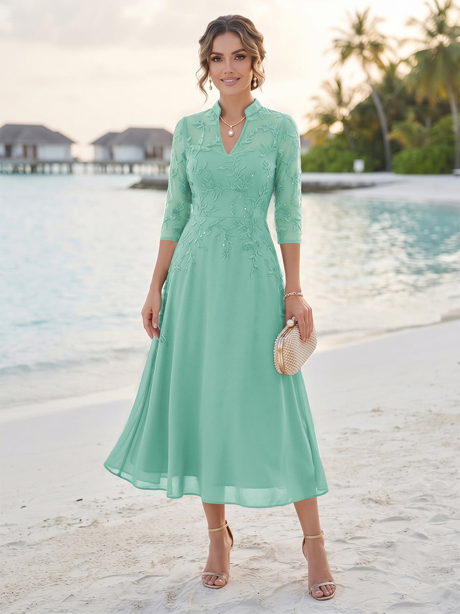 A-Line/Princess 3/4 Sleeves V-Neck Tea-Length Mother Of The Bride Dresses With Sequins &amp; Beading