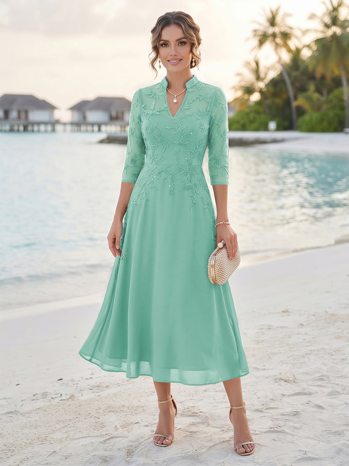 A-Line/Princess 3/4 Sleeves V-Neck Tea-Length Mother Of The Bride Dresses With Sequins &amp; Beading