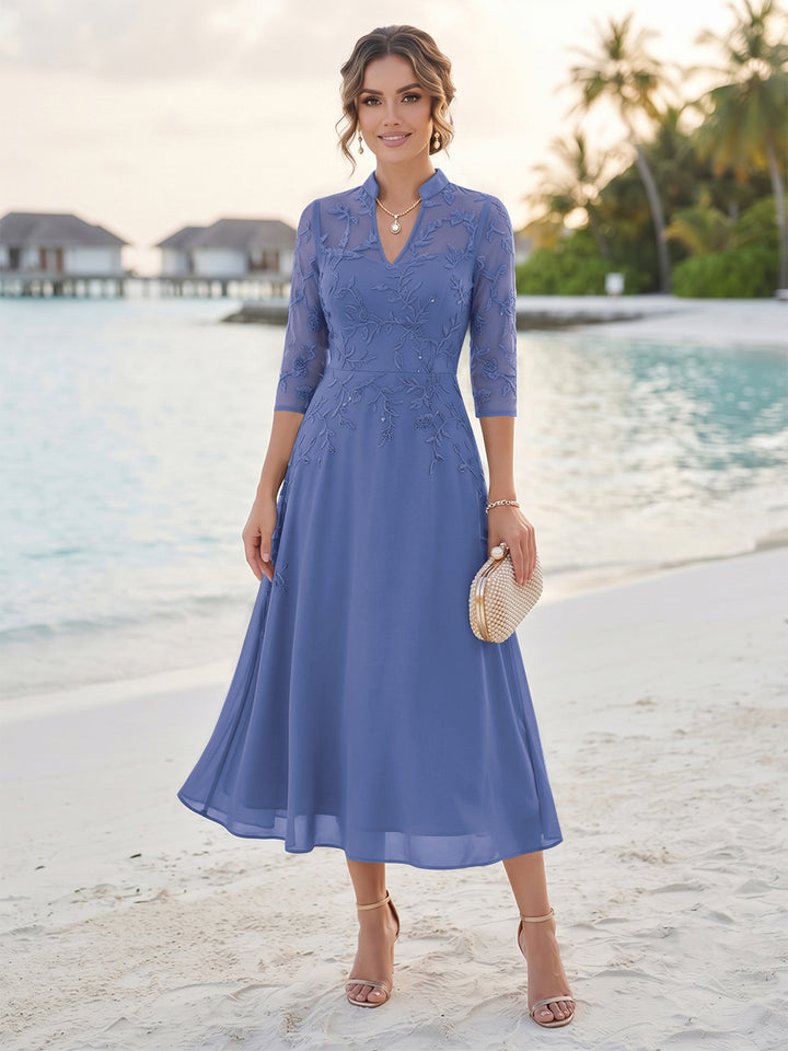 A-Line/Princess 3/4 Sleeves V-Neck Tea-Length Mother Of The Bride Dresses With Sequins &amp; Beading