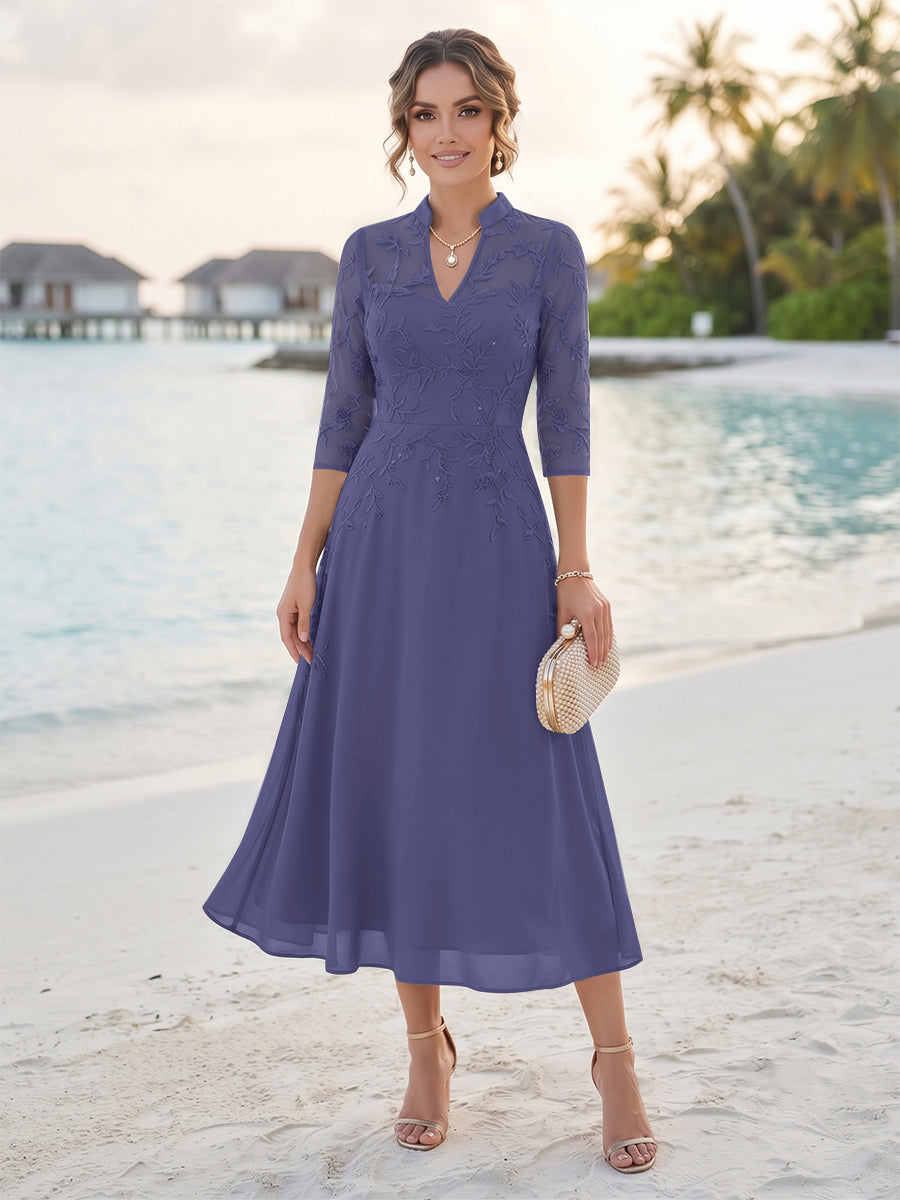 A-Line/Princess 3/4 Sleeves V-Neck Tea-Length Mother Of The Bride Dresses With Sequins &amp; Beading