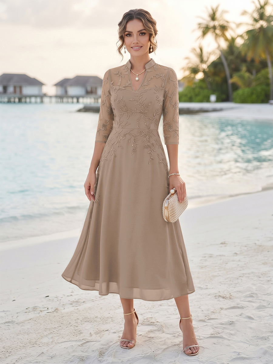 A-Line/Princess 3/4 Sleeves V-Neck Tea-Length Mother Of The Bride Dresses With Sequins &amp; Beading