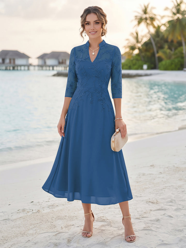A-Line/Princess 3/4 Sleeves V-Neck Tea-Length Mother Of The Bride Dresses With Sequins &amp; Beading